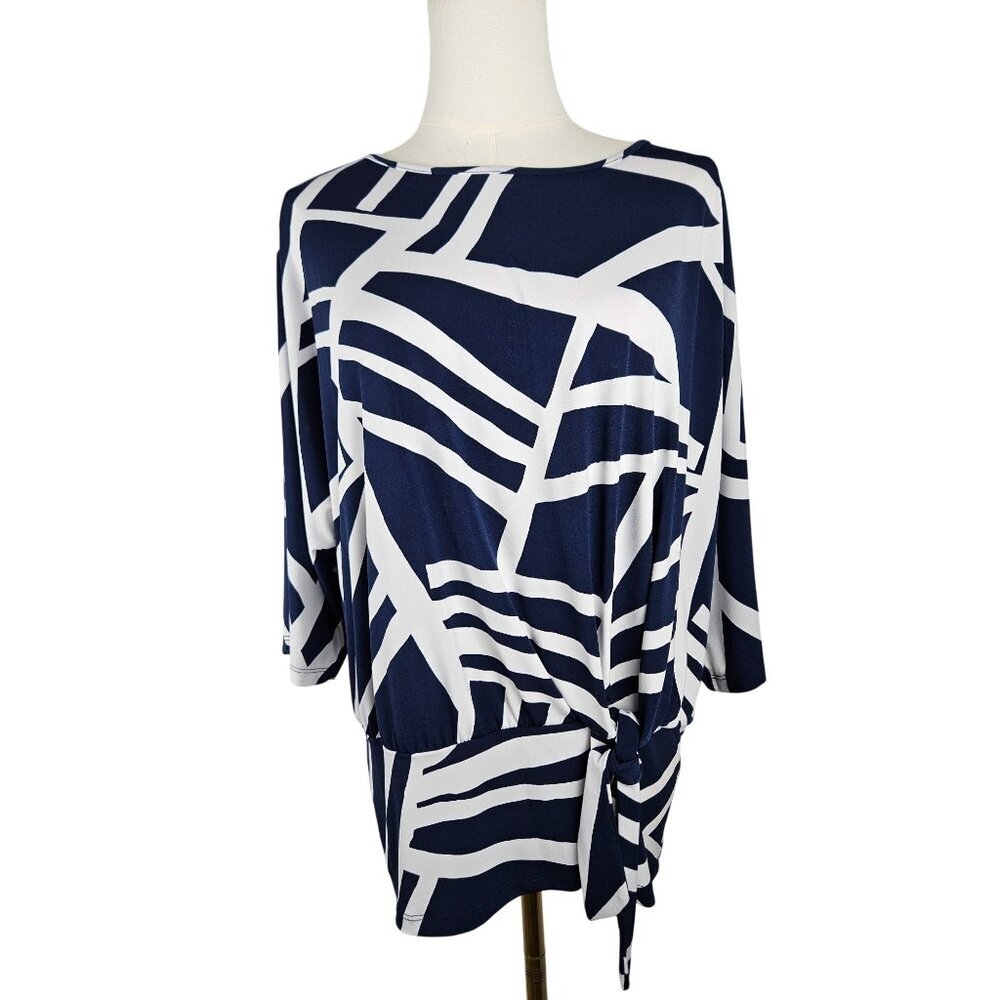 Clara Sunwoo Top XL Navy & White Abstract Print Tie Waist Artsy Faux Wrap